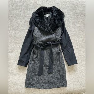 Black & Gray Faux Fur Collar Wool Car Coat